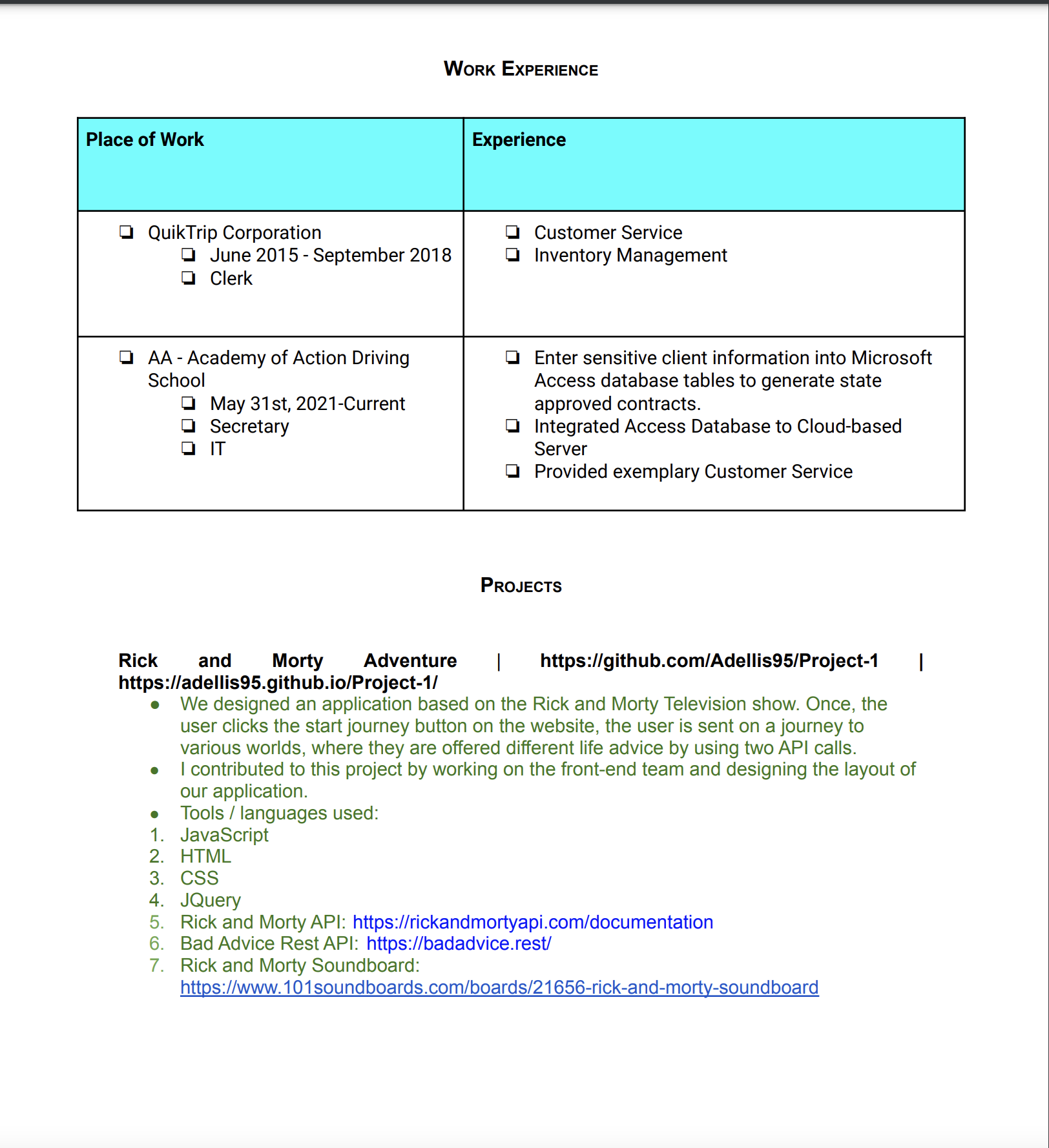 Picture of Austin's resume